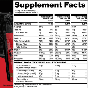 Mutant Mass Extreme 2500 nutrition panel