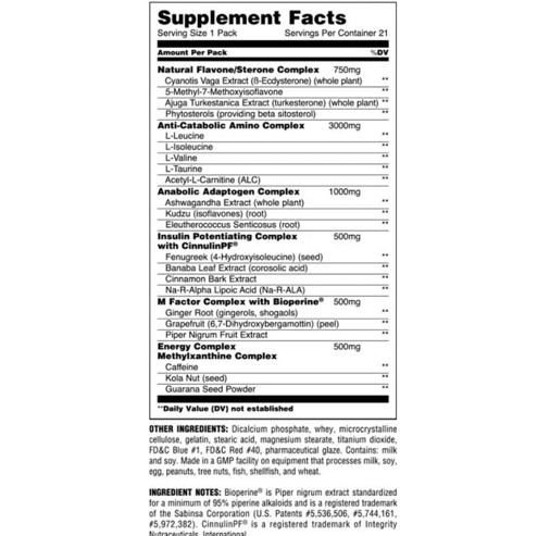 Universal Nutrition Animal M-Stak 21 Packs Supplement Facts